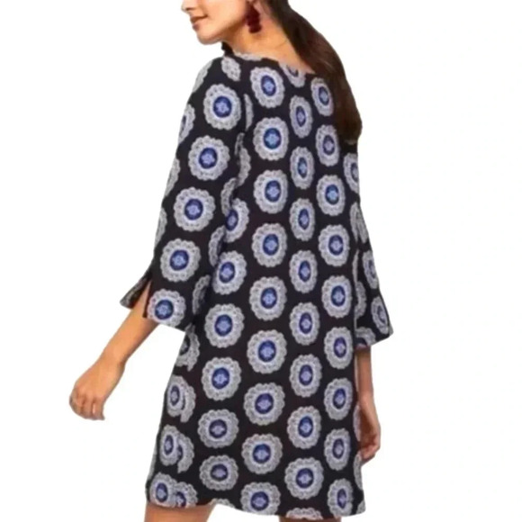 Ann Taylor LOFT A Line Dress Black Medallion 3/4 Sleeve Embroidered Mini Size M - Picture 2 of 15